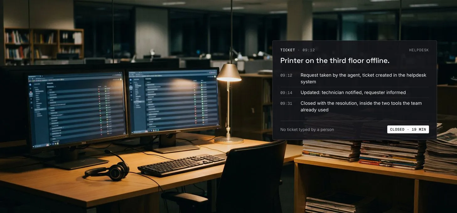 A helpdesk desk at night with two monitors of ticket queues, and a ticket card showing a request opened, updated and closed by the agent.