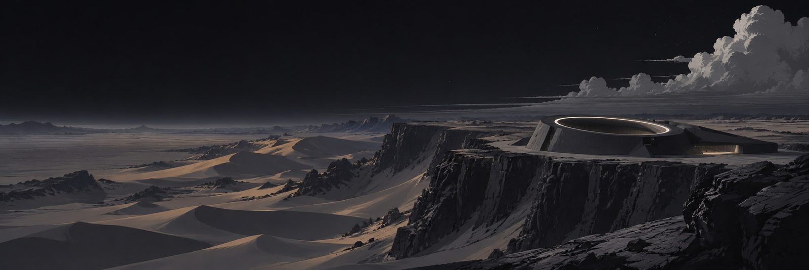 Night over gold desert dunes and a cliff: a low circular building with a ring of light, pale clouds to the right, black sky above.