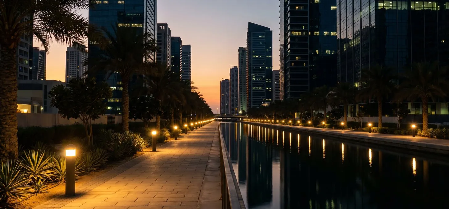 A canal walkway under lamps at dusk, the water still.