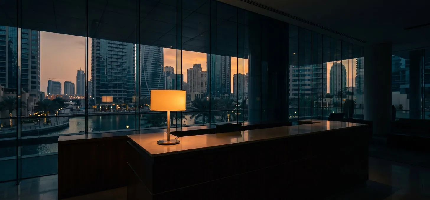 A reading lamp on a reception desk in an empty lobby at night.
