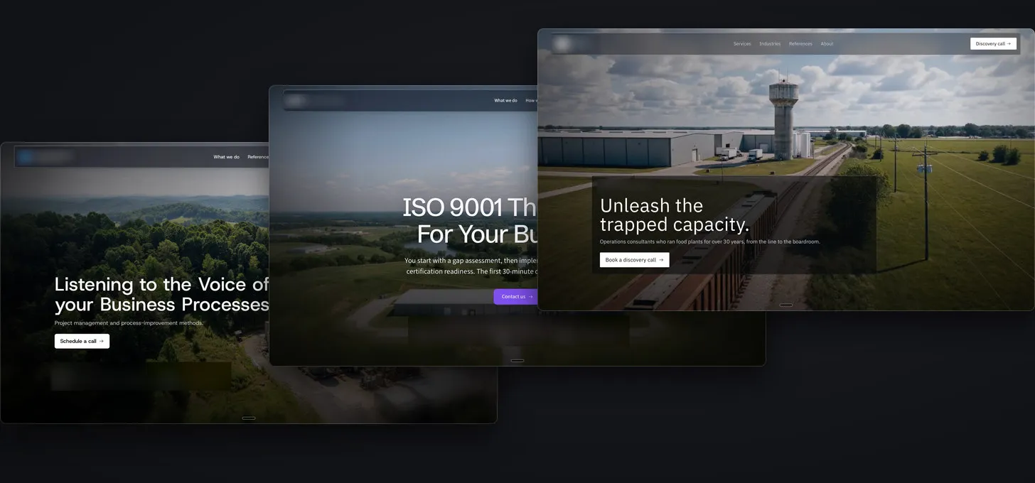 Three website home pages fanned as framed windows, names and logos removed.